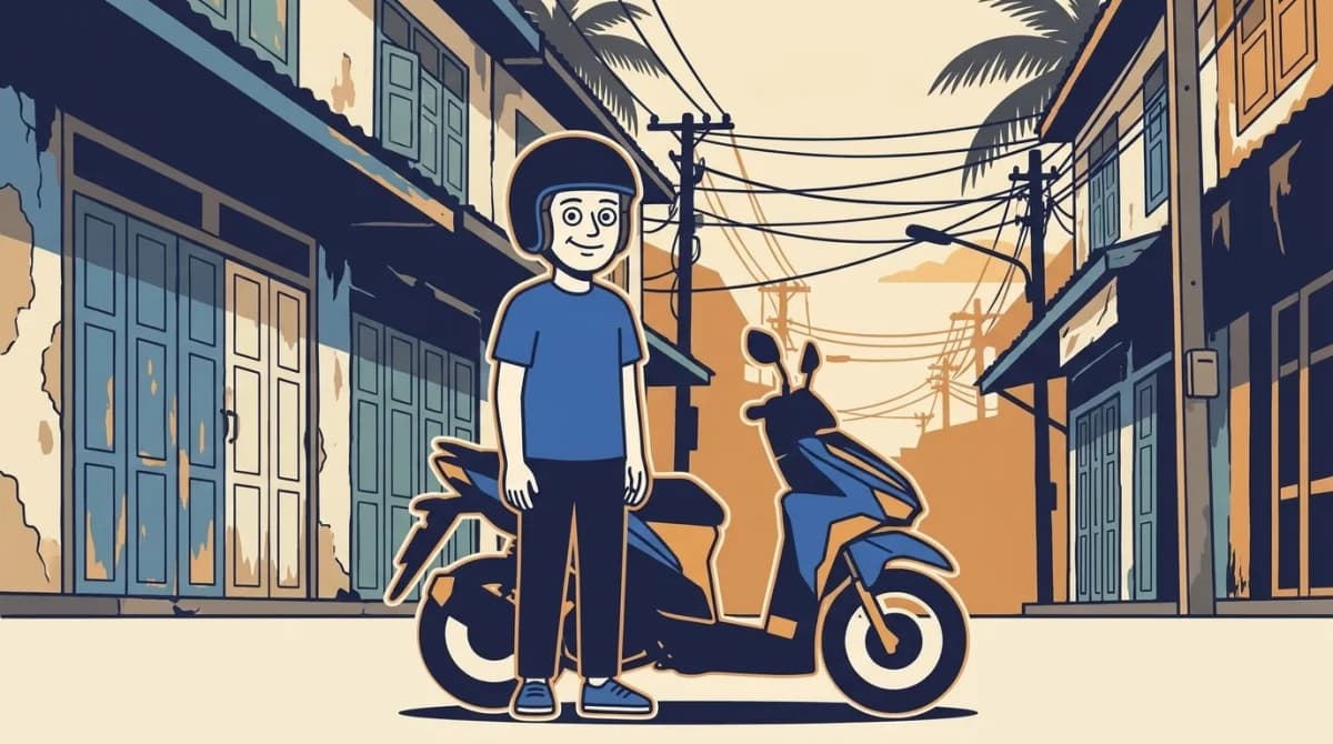 Mascot standing beside a parked scooter on a Bangkok soi, with weathered shophouses and palm fronds behind.